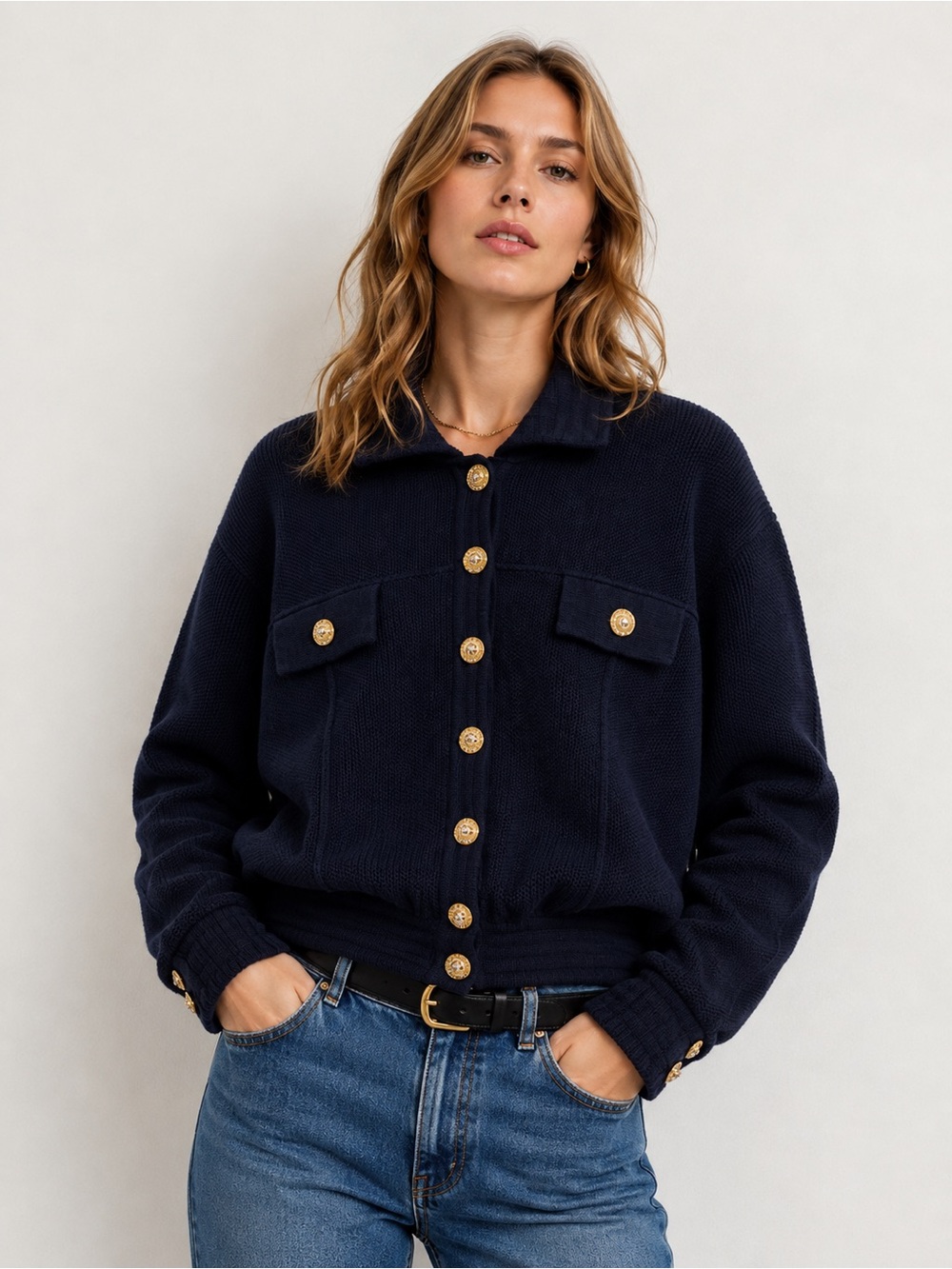 Vintage Stultricot Italy 100% Wool Garter Stitch Knit Jacket Lion Head Buttons M